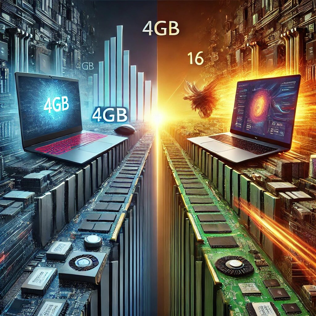 Сравнение компьютеров с разным объёмом ОЗУ: один ПК с 4 ГБ памяти (медленная работа, загруженный процессор), второй – с 16 ГБ (быстрая работа, плавное выполнение задач).
