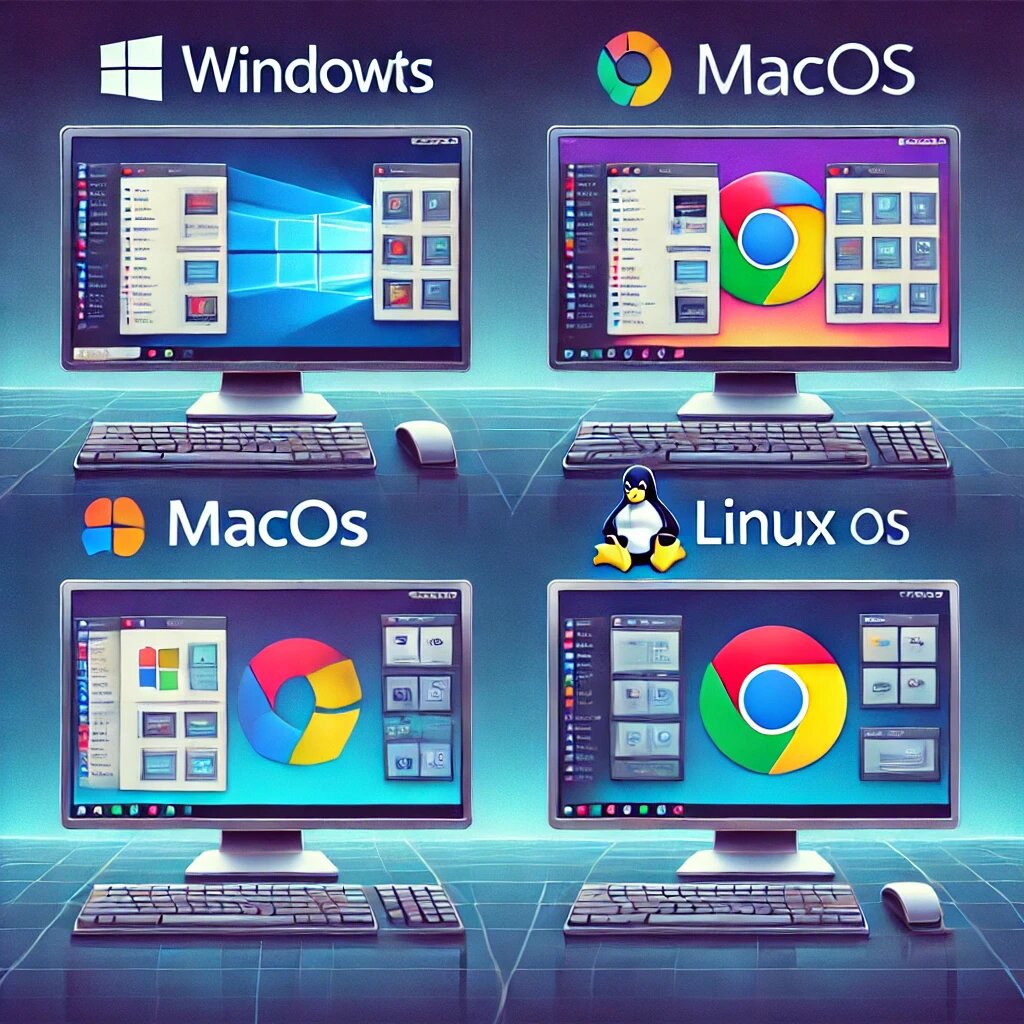 Сравнение операционных систем: Windows, macOS, Linux и Chrome OS на разных экранах, показывая их особенности и интерфейсы.
