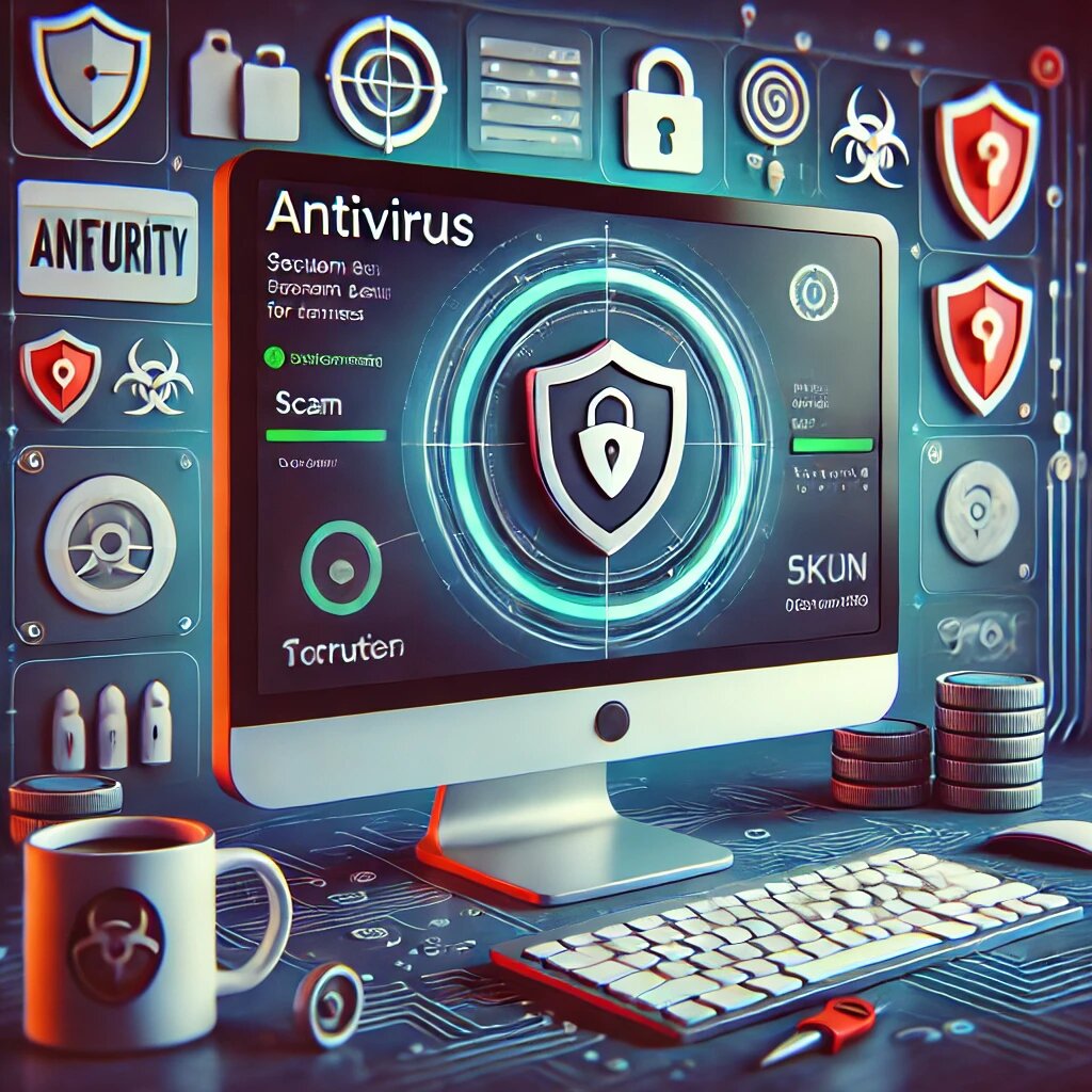 Настройка антивируса на б/у компьютере: экран с активным процессом установки антивируса, проверка системы на вирусы и уведомление о безопасности.