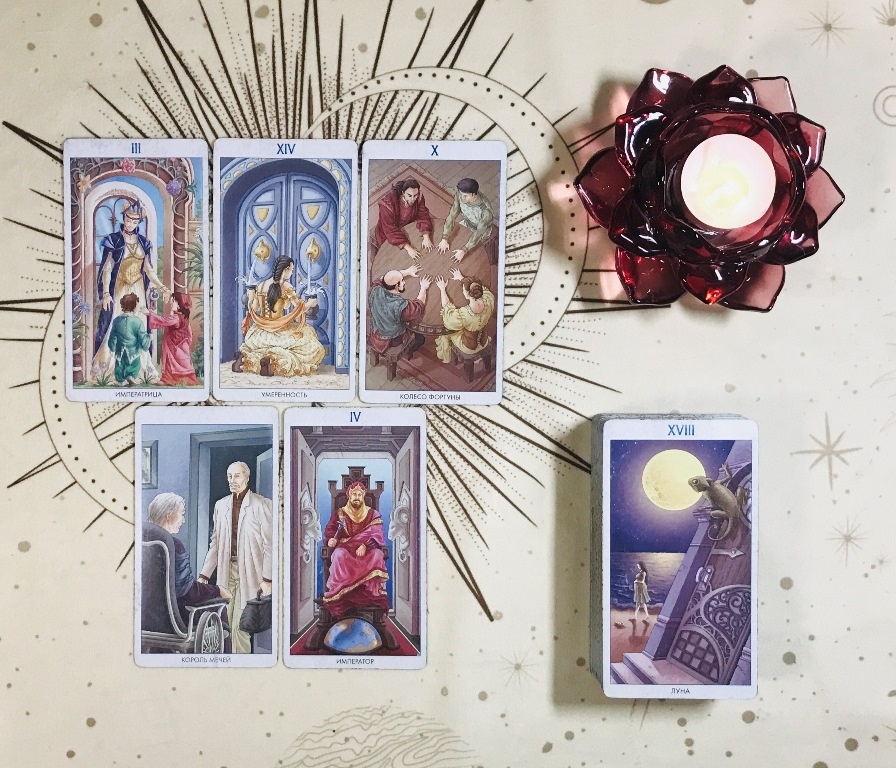 Императрица + Умеренность + Колесо Фортуны + Король мечей + Император