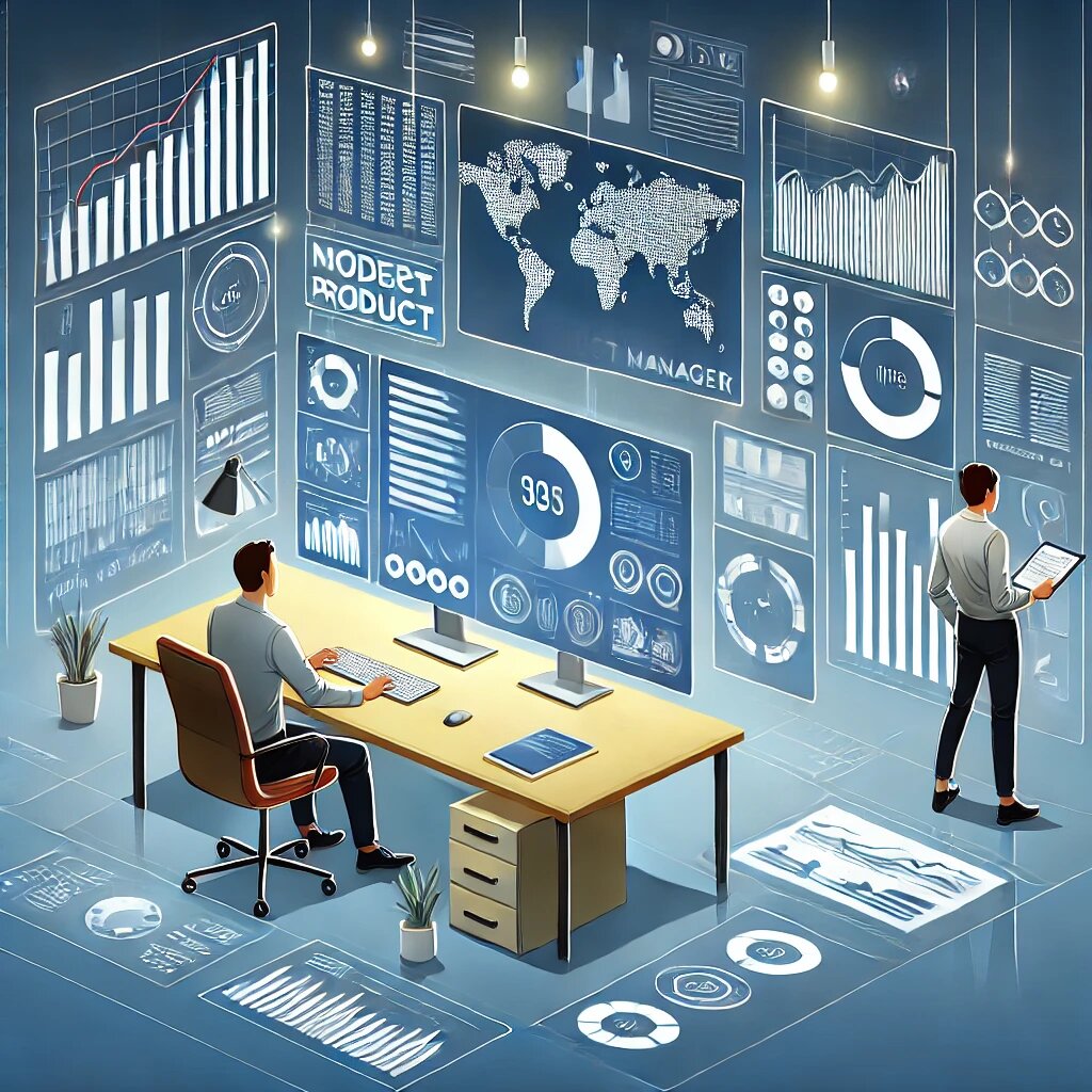 Иллюстрация к статье: «Современный Product Manager на фоне графиков, данных и технических устройств».