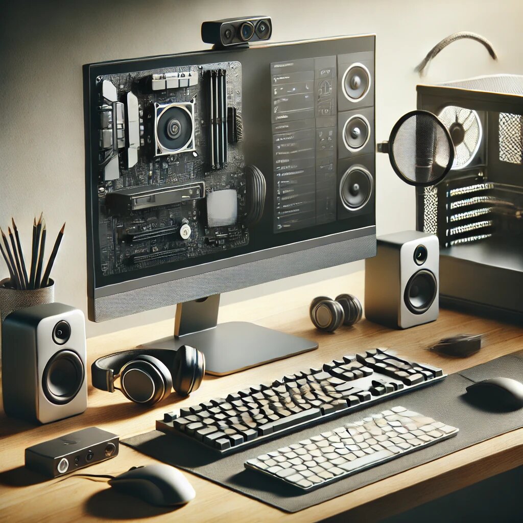 Компьютерное рабочее место с аксессуарами: монитор, клавиатура, мышь, наушники, веб-камера, колонки и USB-хаб на столе в современном стиле.