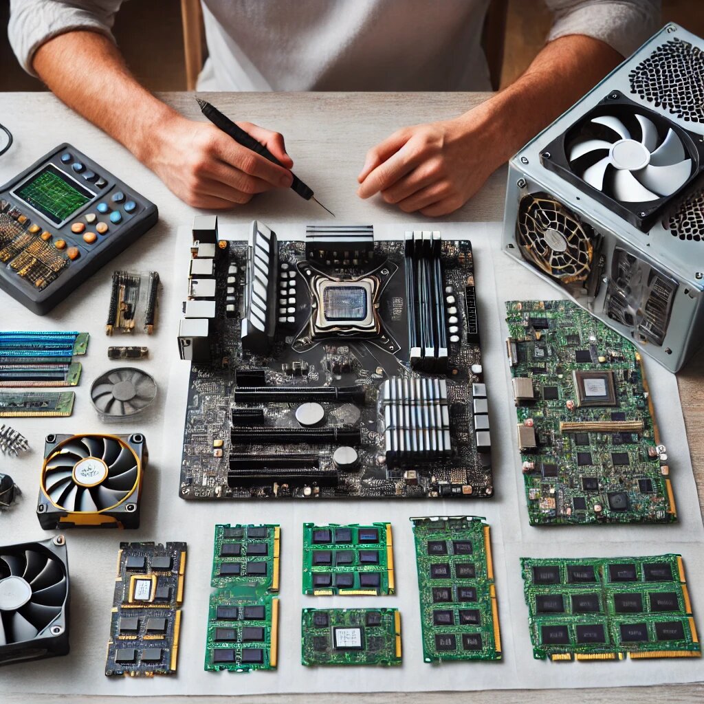 Разобранный б/у компьютер на запчасти: комплектующие (видеокарта, процессор, ОЗУ, блок питания) разложены на столе, проводятся тесты работоспособности.