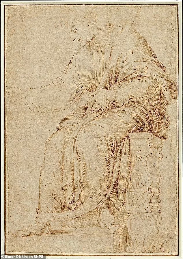 На рисунке под названием «Исследование Юпитера» изображён профиль мужчины в тоге, который держит посох и указывает на зрителя.