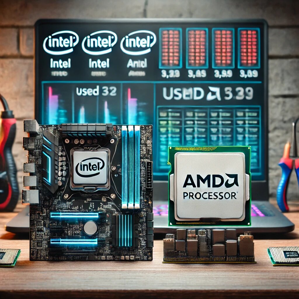 Сравнение б/у процессоров Intel и AMD: две коробки процессоров, рядом характеристики (производительность, тепловыделение, совместимость).