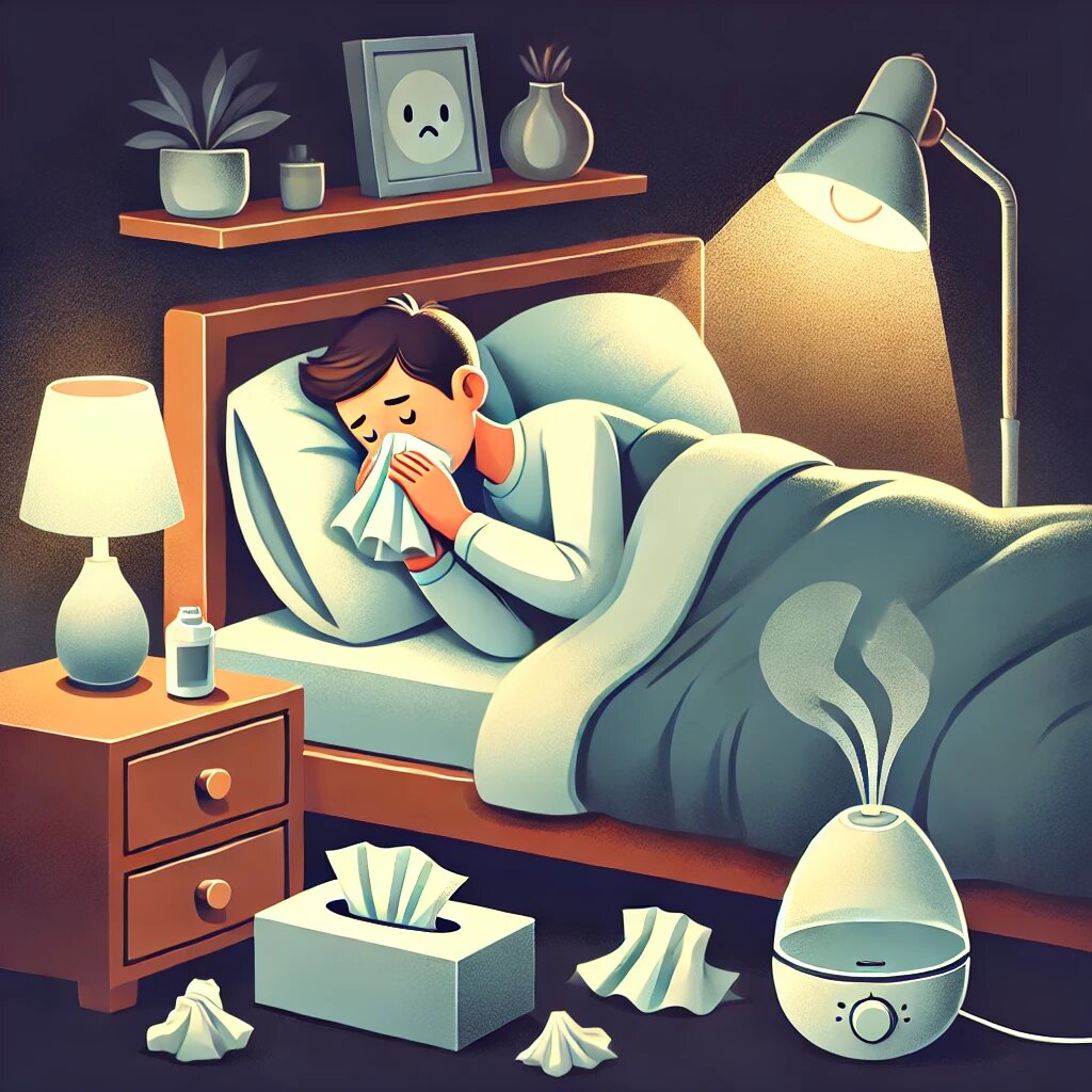 Во время простуды ночью нос может закладывать ещё сильнее, чем днём. Не забывайте про увлажение воздуха и полости носа.