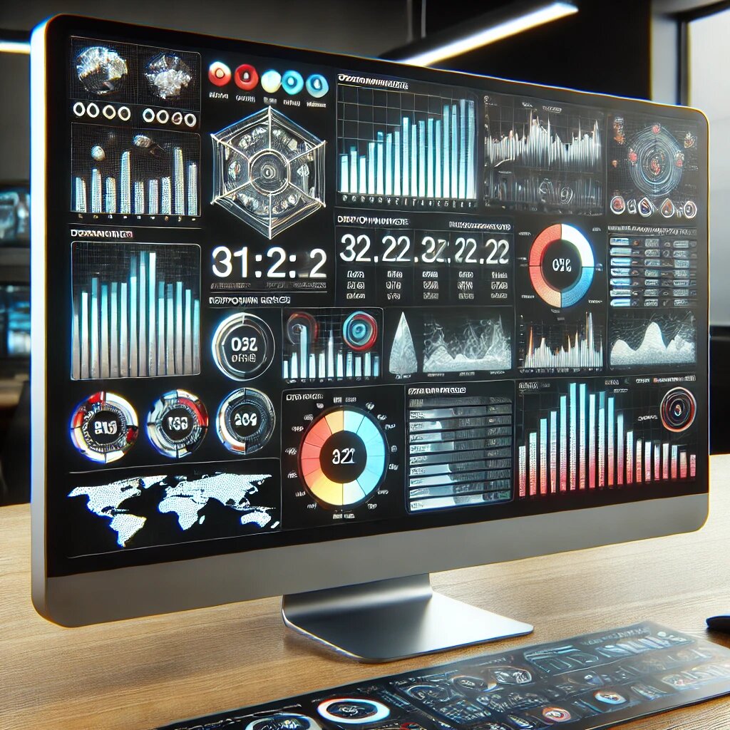Изображение показывает современный компьютерный экран с различными графиками, метриками и аналитическими данными, помогающими компаниям принимать стратегические решения.