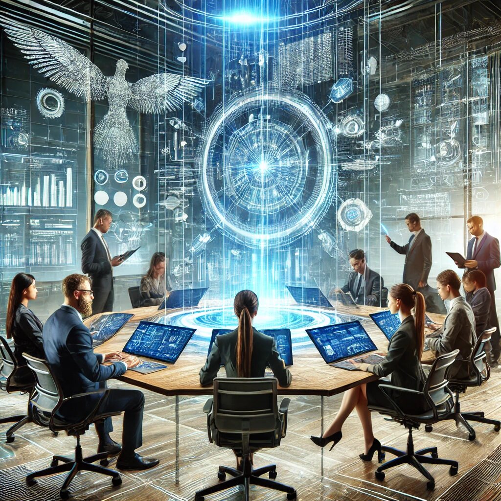 Изображение демонстрирует группу специалистов, работающих в офисе с высокими технологиями, обсуждающих стратегии с использованием цифровых экранов и инструментов.