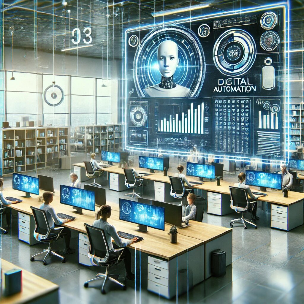 Современный офис, где сотрудники работают с цифровыми инструментами, а виртуальные ассистенты и аналитические панели помогают оптимизировать процессы.
