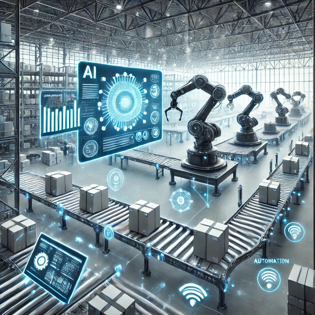 Система управления складом с роботизированными руками, сортирующими посылки, и конвейерными лентами, перемещающими коробки. В центре — панель управления с аналитическими данными.