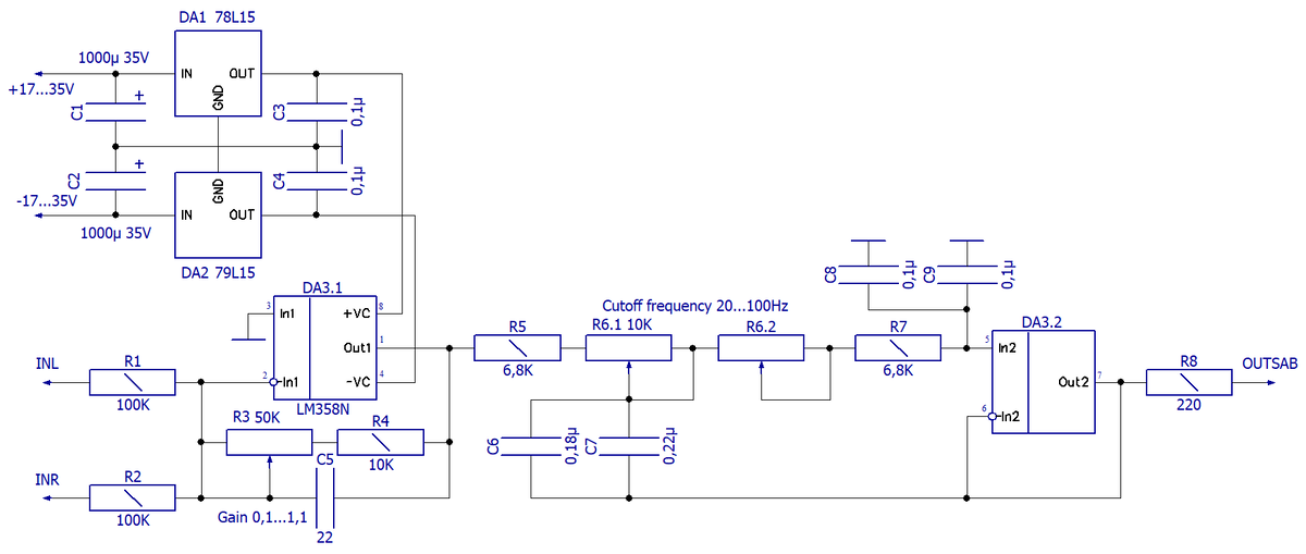 Схема электрическая принципиальная активного фильтра для сабвуфера