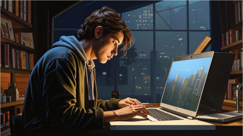 Фото человека за ноутбуком, изучающего информацию.