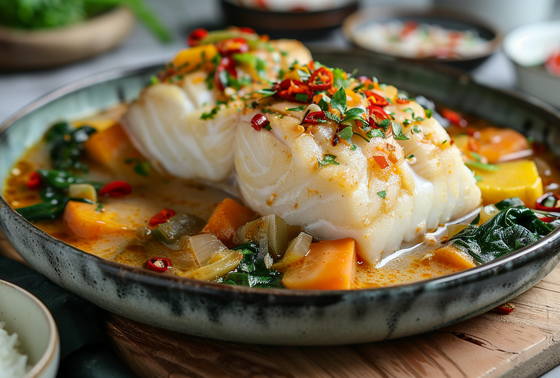    Белая рыба в кокосовом молоке с овощами