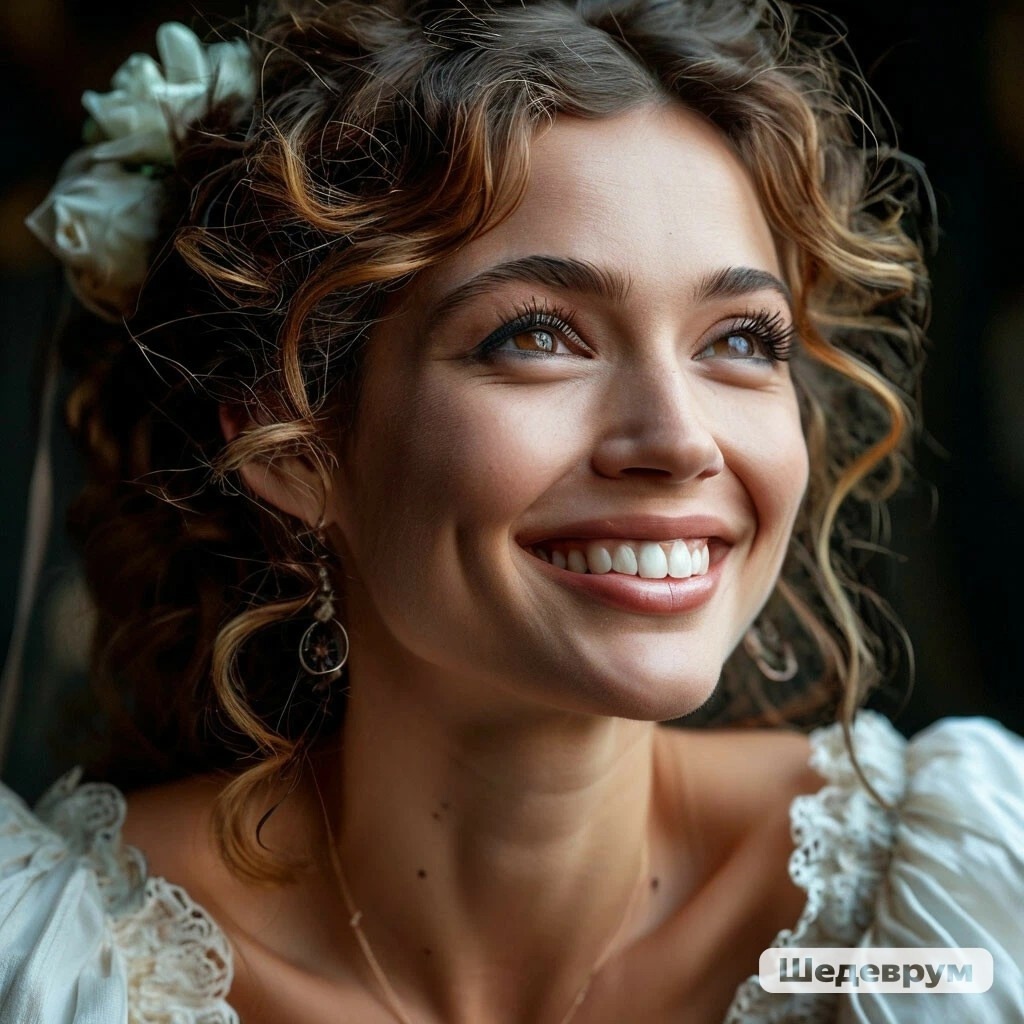 Картинка сгенерирована в Шедевруме по запросу "актриса в роли Дездемоны улыбается"