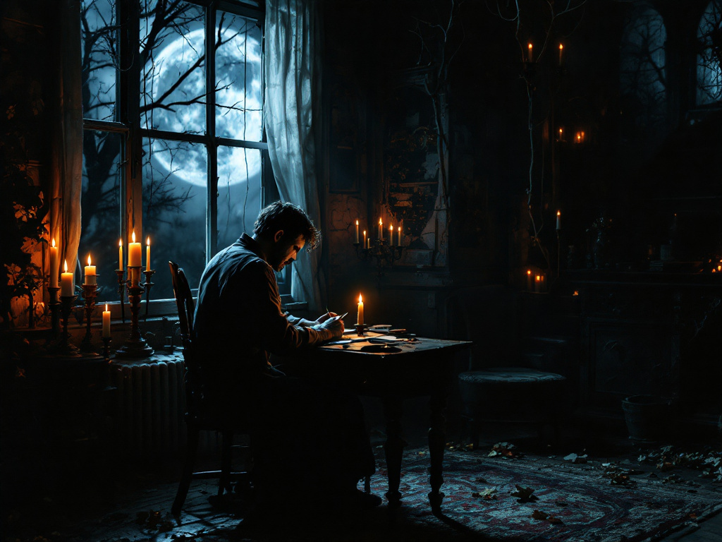  Писатель за старинным столом, окружённый свечами, с лунным светом за окном