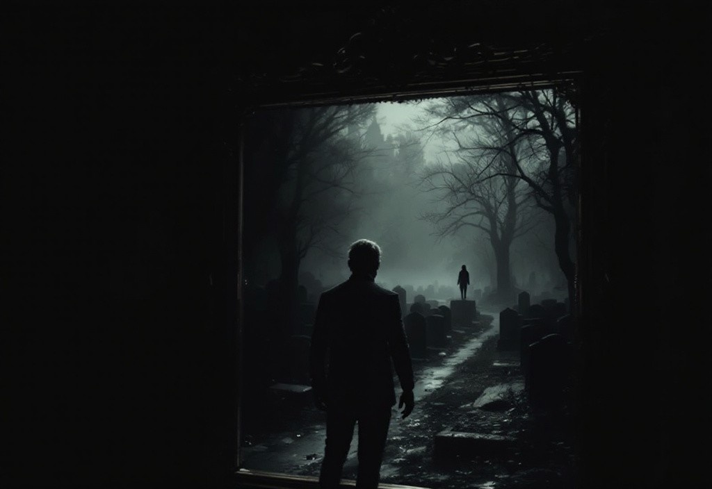 Зеркало, отражающее не комнату, а туманное кладбище с одинокой фигурой среди могил