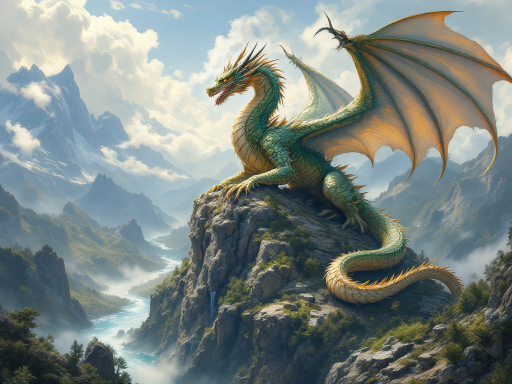 Величественный дракон на вершине горы, с сияющими глазами
