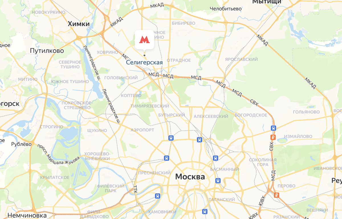 На карте отмечена станция метро Селигерская, до которой можно дойти от ЖК за 7 минут