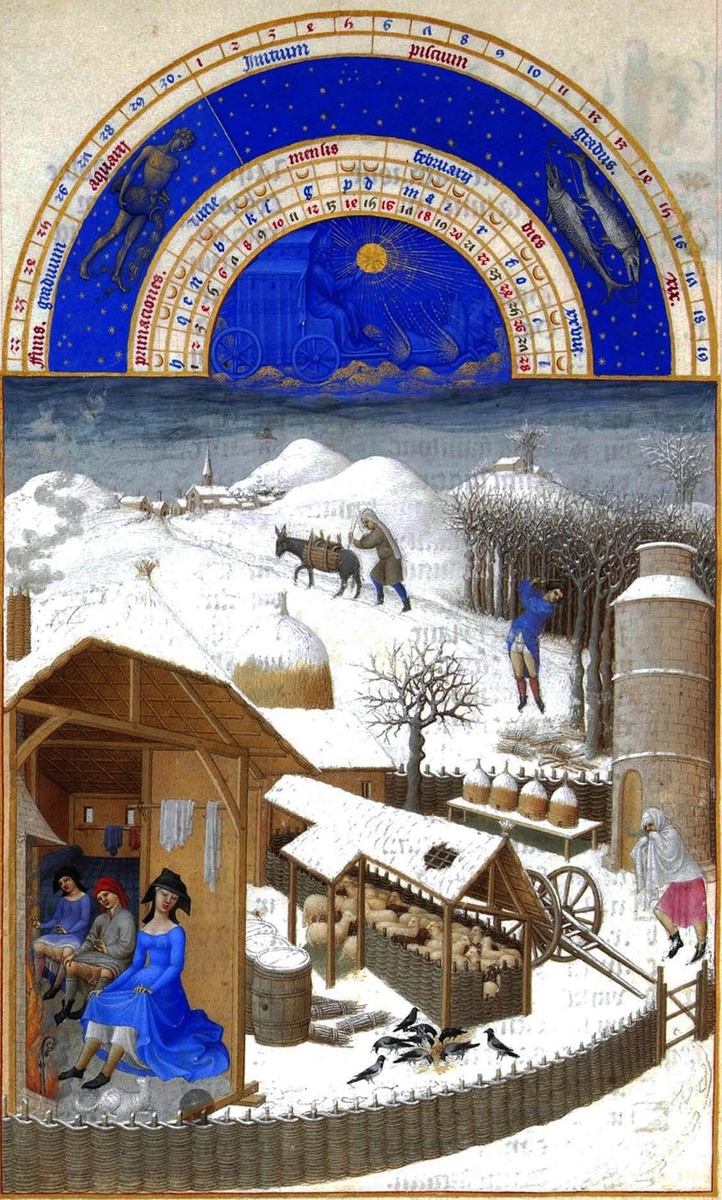 Братья Лимбург. «Великолепный часослов герцога Беррийского», 1410—1416гг, пергамент, гуашь, акварель,позолота. 29 × 21 см. Музей Конде, замок Шантийи, Франция. Миниатюра «Февраль», предп. Поль Лимбург. 
