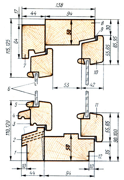 Сечения по притворам окон и балконных дверей деревянных с двойным остеклением раздельной конструкции для жилых здани
