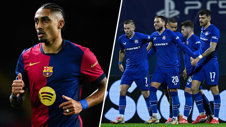    Вингер «Барселоны» Рафинья и футболисты «Динамо» Загреб. Getty Images