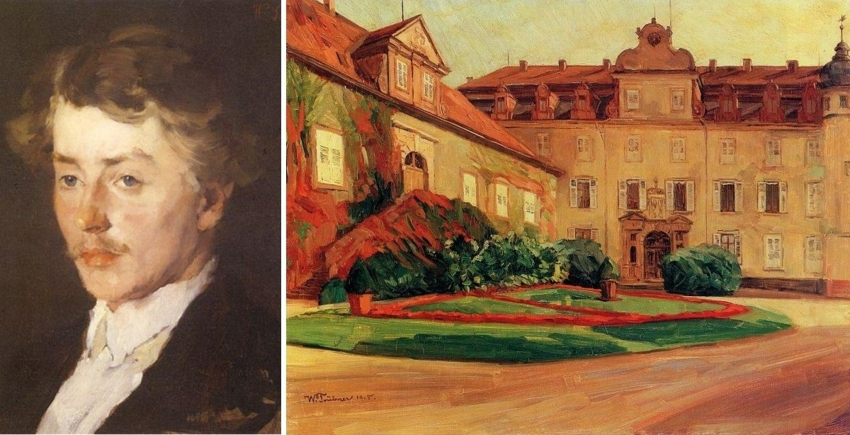 Портрет Трюбнера кисти Вильгельма Лейбля, 1872 г. Справа: Замок Баден-Баден