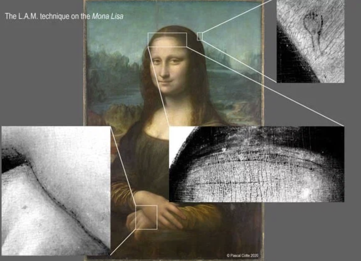 Сканы Моны Лизы Леонардо да Винчи раскрывают скрытые секреты, включая шпильку. Коллаж Паскаля Котте.