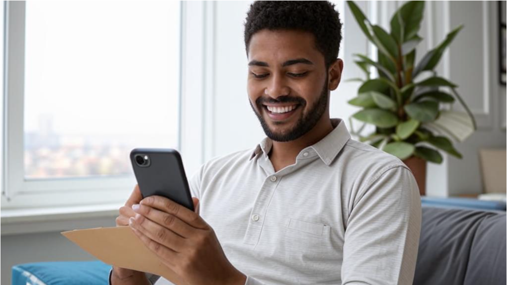 Человек, задумчиво читающий письмо или сообщение, но с лёгкой улыбкой, будто анализируя и делая выводы.