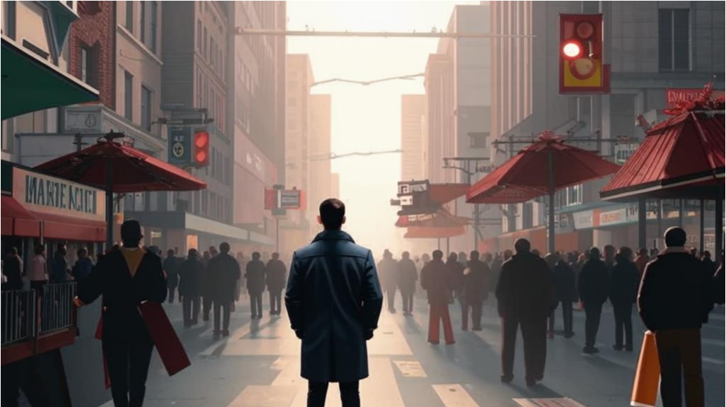 Человек идёт по оживлённой улице с уверенной осанкой, несмотря на окружающий хаос, символизируя принятие отказов как части жизни.