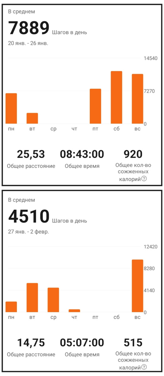Сверху - неделя, когда часы лежали на полке. Снизу - неделя, когда я вышагивала по 10 000 шагов. 