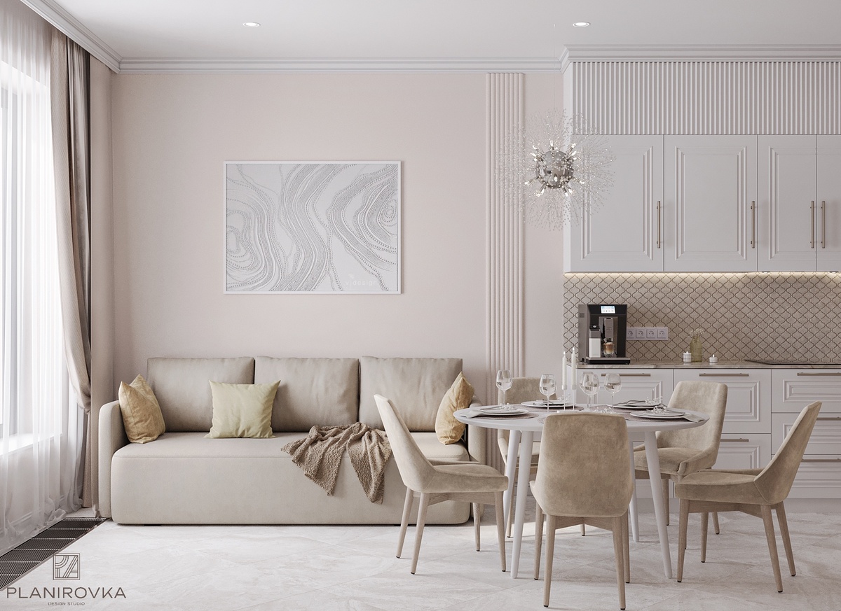 Кухня-гостиная с учетом всех принципов фэн-шуй из дизайн-проекта трехкомнатной квартиры в ЖК The One