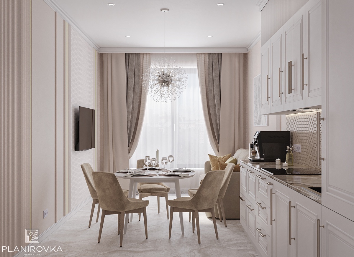 Кухня-гостиная с учетом всех принципов фэн-шуй из дизайн-проекта трехкомнатной квартиры в ЖК The One