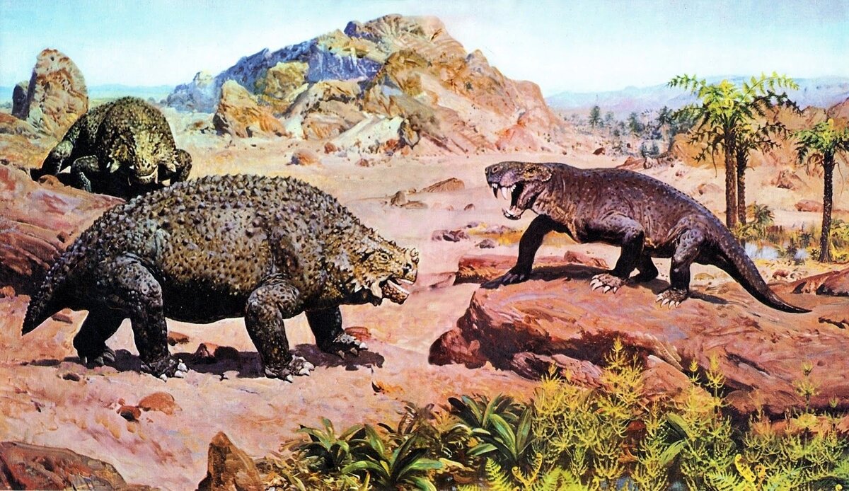 Пейзаж поздней перми, два парейязавра (слева) и один горгонопсид (справа).