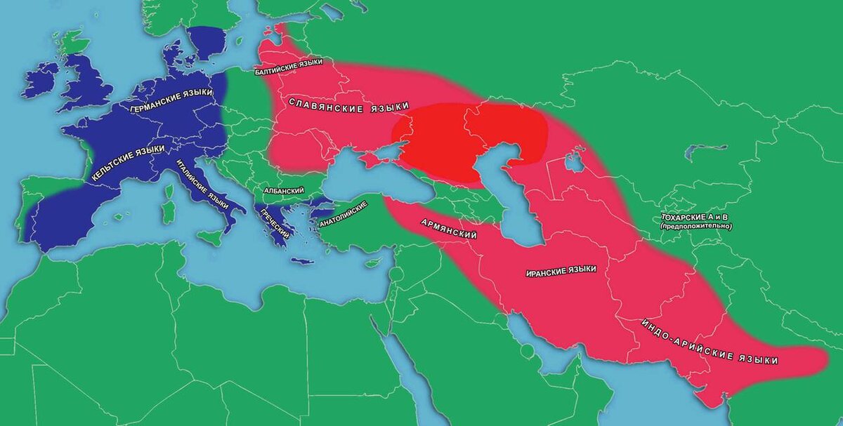 Источник: wikipedia.org     Индоевропейские языки: ареалы Кентум (синий) и Сатем (красный).