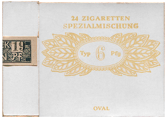 "Spezialmischung" Typ 6 Pfg Oval.  Германия, конец 1940-х годов. 24 штуки в твердой упаковке. Цена (была) 4,56 марок. Производитель - ? Владелец торговой марки: Немецкая табачная монополия.