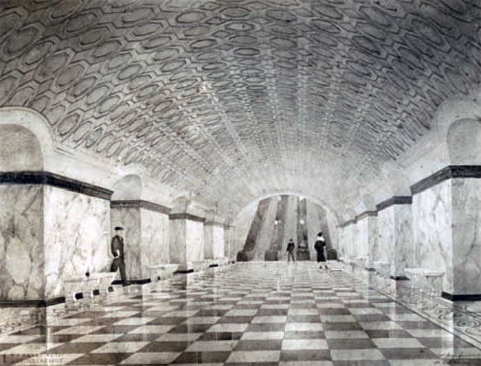 Немного другой проект станции Новокузнецкая, центральный зал, 1938 год. Взят с сайта: http://moscowwalks.ru.