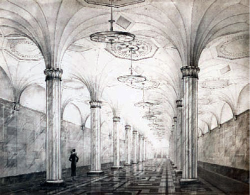 Проект станции Завод имени Сталина Н. Андриканиса, 1938 год. Взят отсюда: https://moscowwalks.ru.