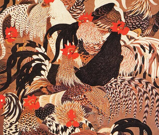Петухи, трясогузка и красноухие овсянки японского художника Ито Дзякутю