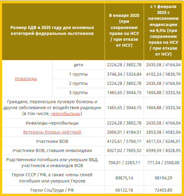 Индексация ЕДВ в 2025 году ветеранам, инвалидам и другим федеральным льготникам