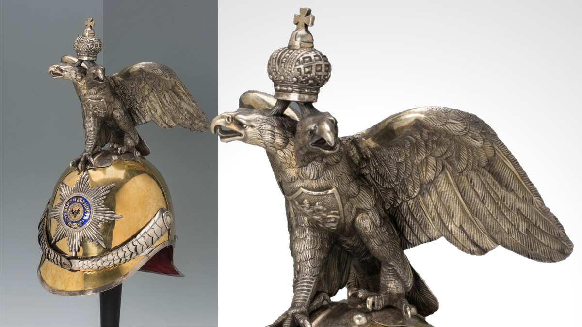 Каска кавалергарда Ея Величества Государыни императрицы Марии Федоровны полка. медь, кожа, бархат, шелк, эмаль, около 1855-1914 гг. Размеры: 37,2х26,7х19 см © Из фондов Эрмитажа