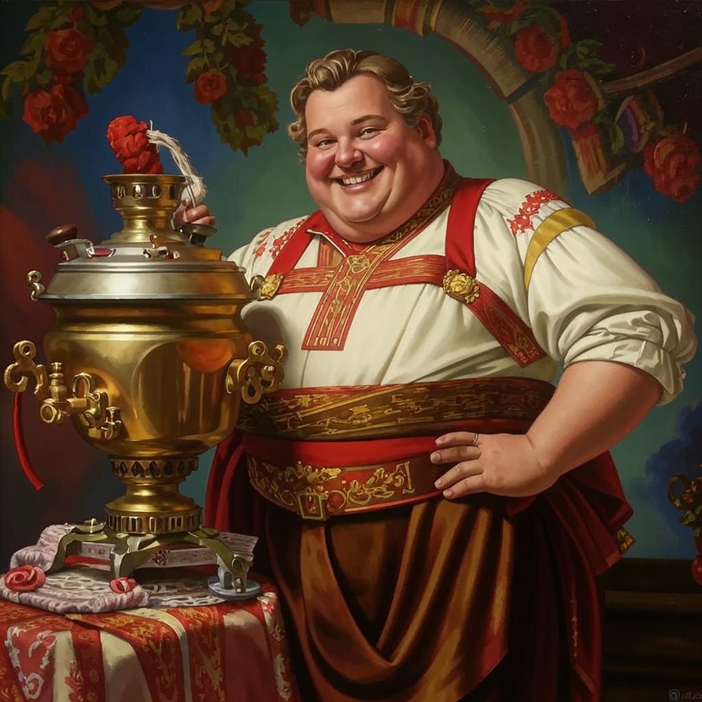 Kandinsky 3.1 генерирует Олега с самоваром.