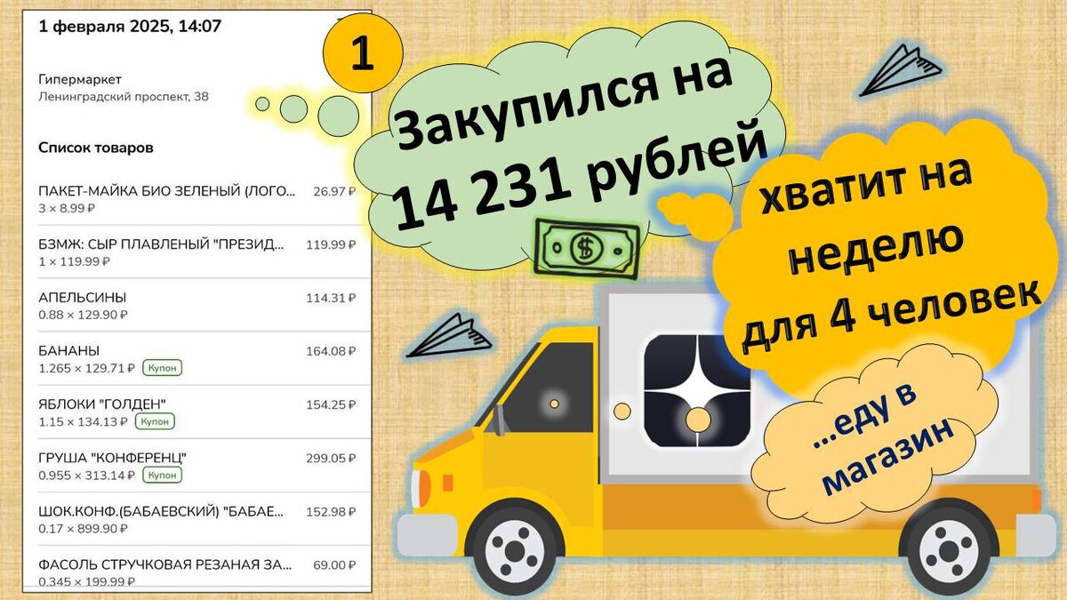 Закупаюсь для 4 человек на 7 дней! Уложился в 14 231 рубль, вместе с бензином!