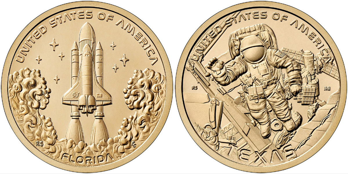 Эскизы реверсов 1-долларовых монет 2025 года из серии "Американские инновации", оформленных в честь космических свершений штатов Флорида и Техас. Физические характеристики для монет данной серии останутся без изменений: масса равна 8,1 граммам, диаметр составит 26,5 миллиметров