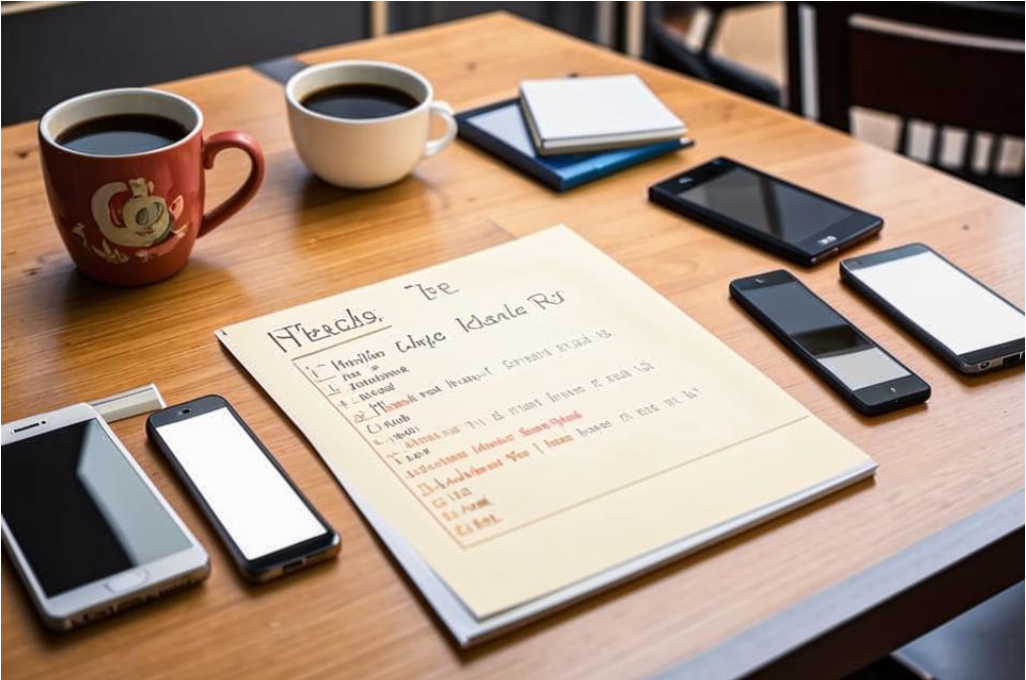 Рабочий стол с аккуратно записанными задачами на листе бумаги, но на заднем плане — чашка кофе, телефоны, отвлекающие факторы.