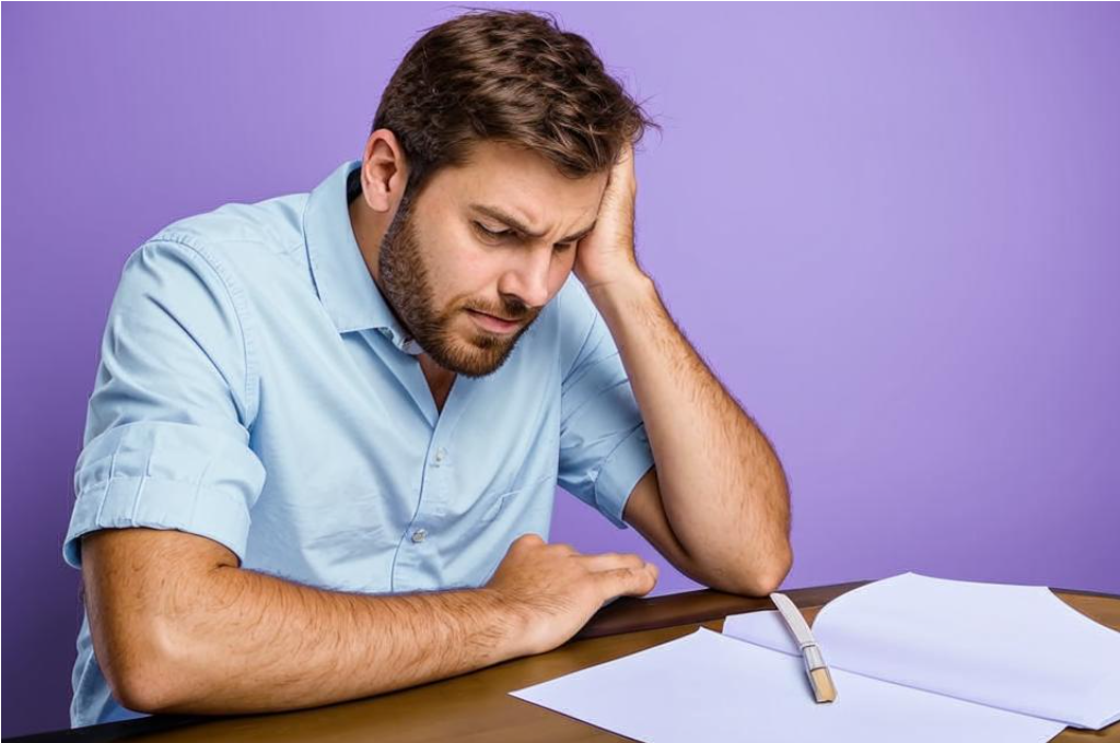 Человек сидит за столом, выглядит перегруженным, смотрит на список дел с недовольным выражением лица. Возможно, рядом стоит пустая чашка, что символизирует усталость.
Это отражает чувство разочарования из-за невыполненных задач.