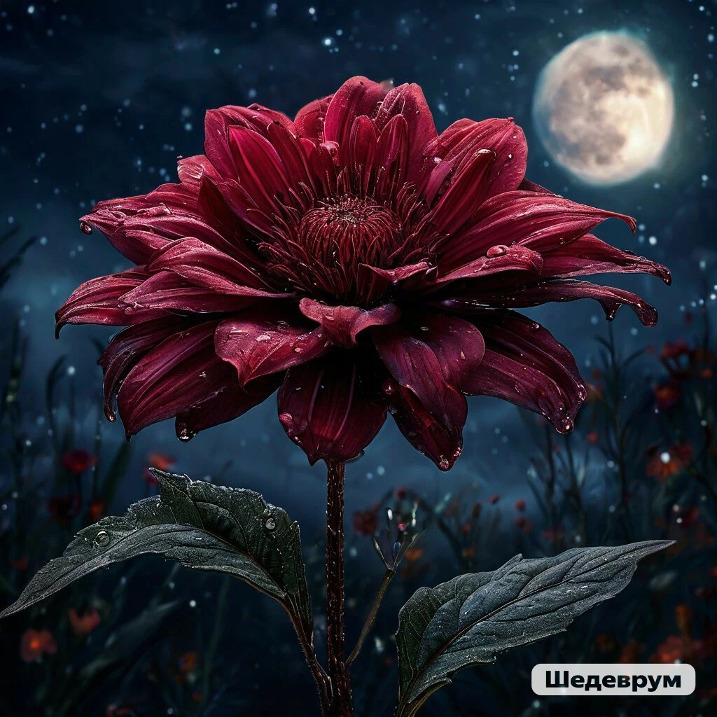 Цветок, темно-красный, с длинным стеблем,распускается по ночам, при свете луны,close-up,  ultra realistic, ultimate high details, ultimate high definition,ultra HD