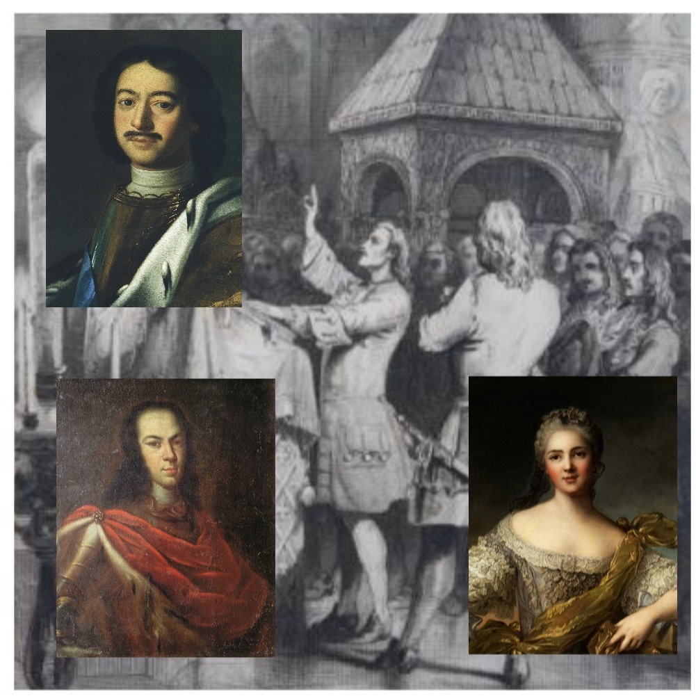 В коллаже использованы: 1. Гравюра "Отречение царевича Алексея от престола"; 2. Портрет царевича Алексея, неизвестный художник; 3. Портрет женщины, художник Натье; 4. Портрет Петра I, художник Луи Каравак  