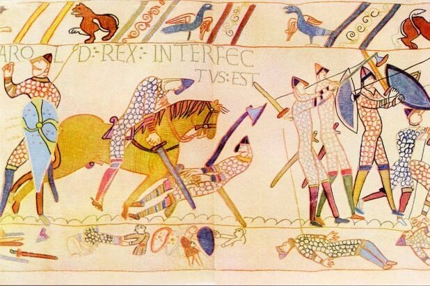 Смерть Гарольда Годвинсона в битве при Гастингсе в 1066 году, изображённая на ковре из Байё. (Фото: Culture Club/Getty Images)