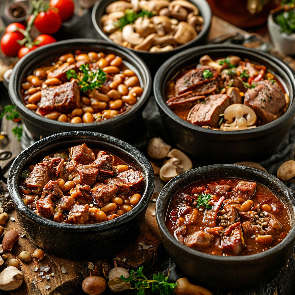 Горшочки с мясом, фасолью и грибами 