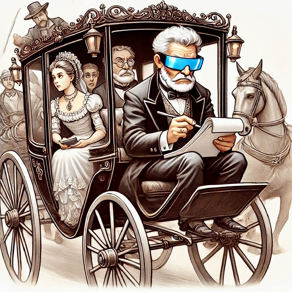 Болконский сидит в карете в футуристических очках, сосредоточенно пишет бумаги, несмотря на тряску. Марья рядом смотрит на него с лёгкой усталостью, а кучер нервно ведёт лошадей по ухабистой дороге. Настроение: батя всегда в деле!